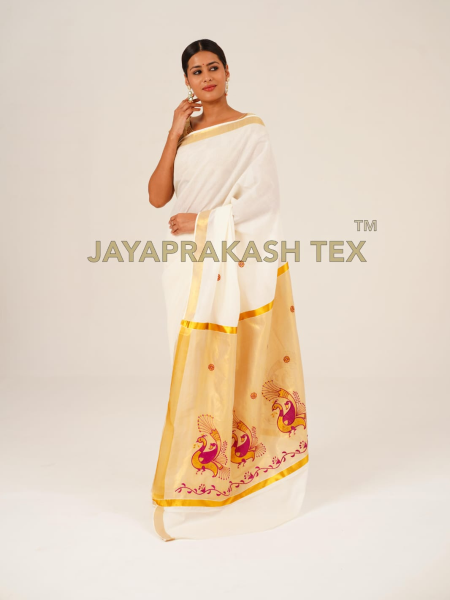 Cream Gold Peacock Kerala Saree