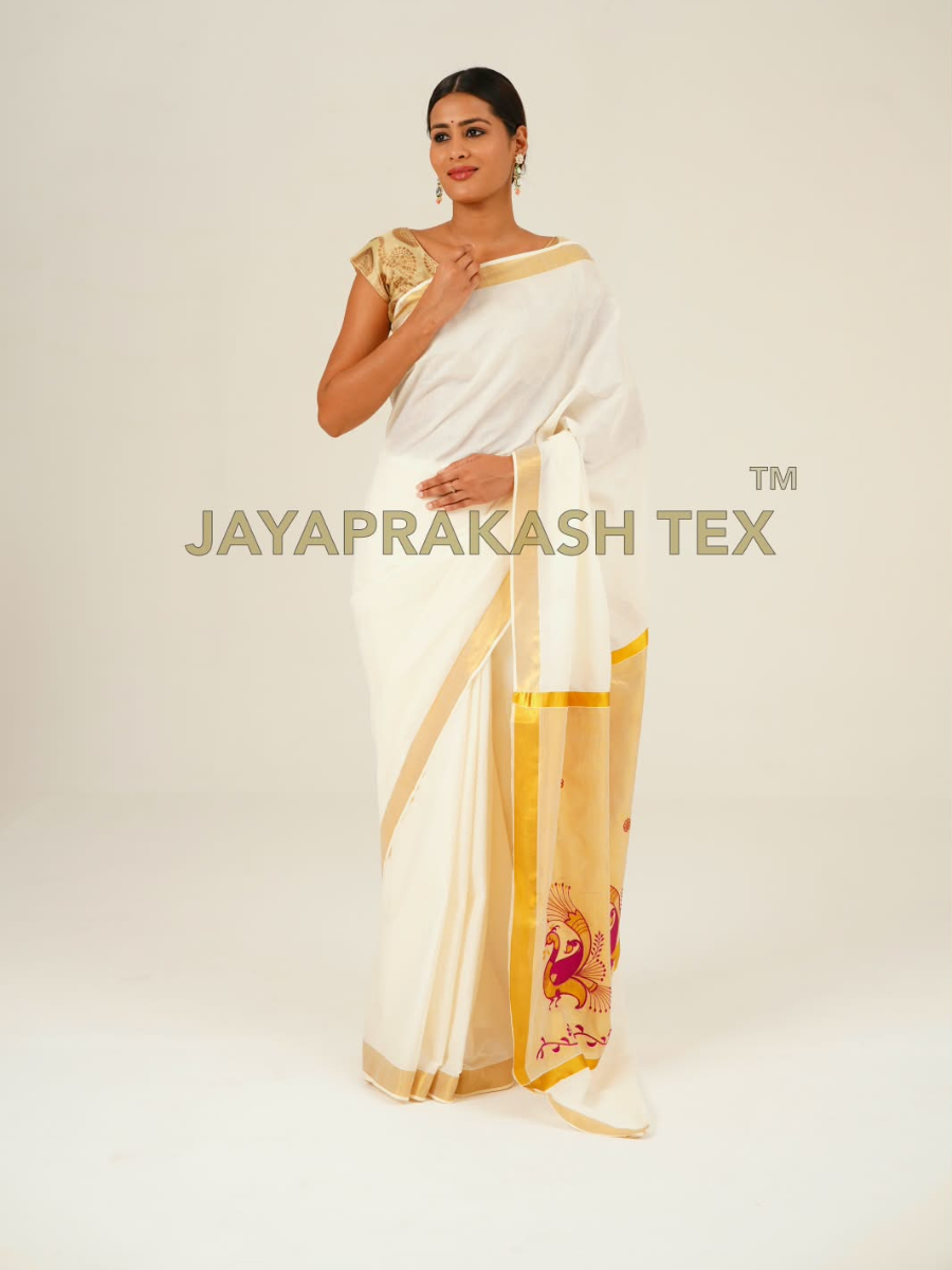 Cream Gold Peacock Kerala Saree