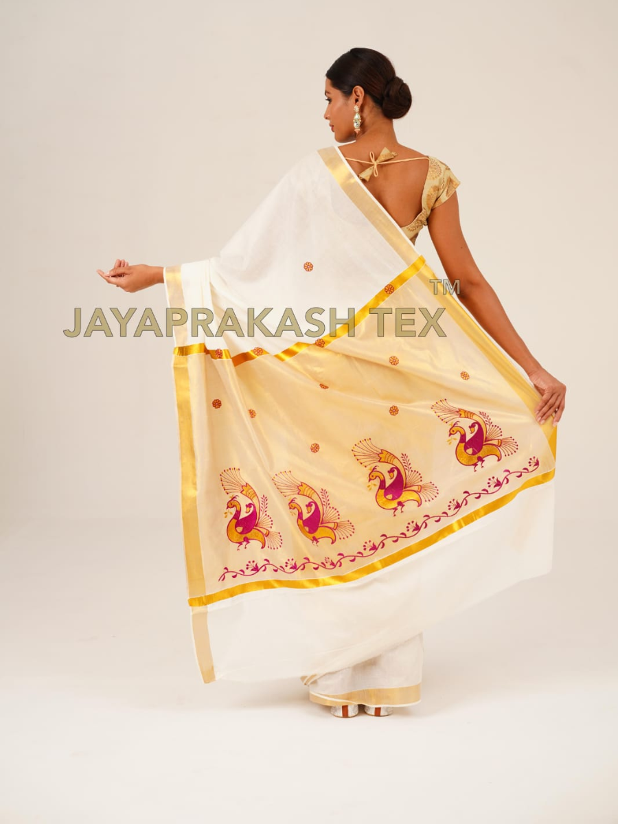 Cream Gold Peacock Kerala Saree