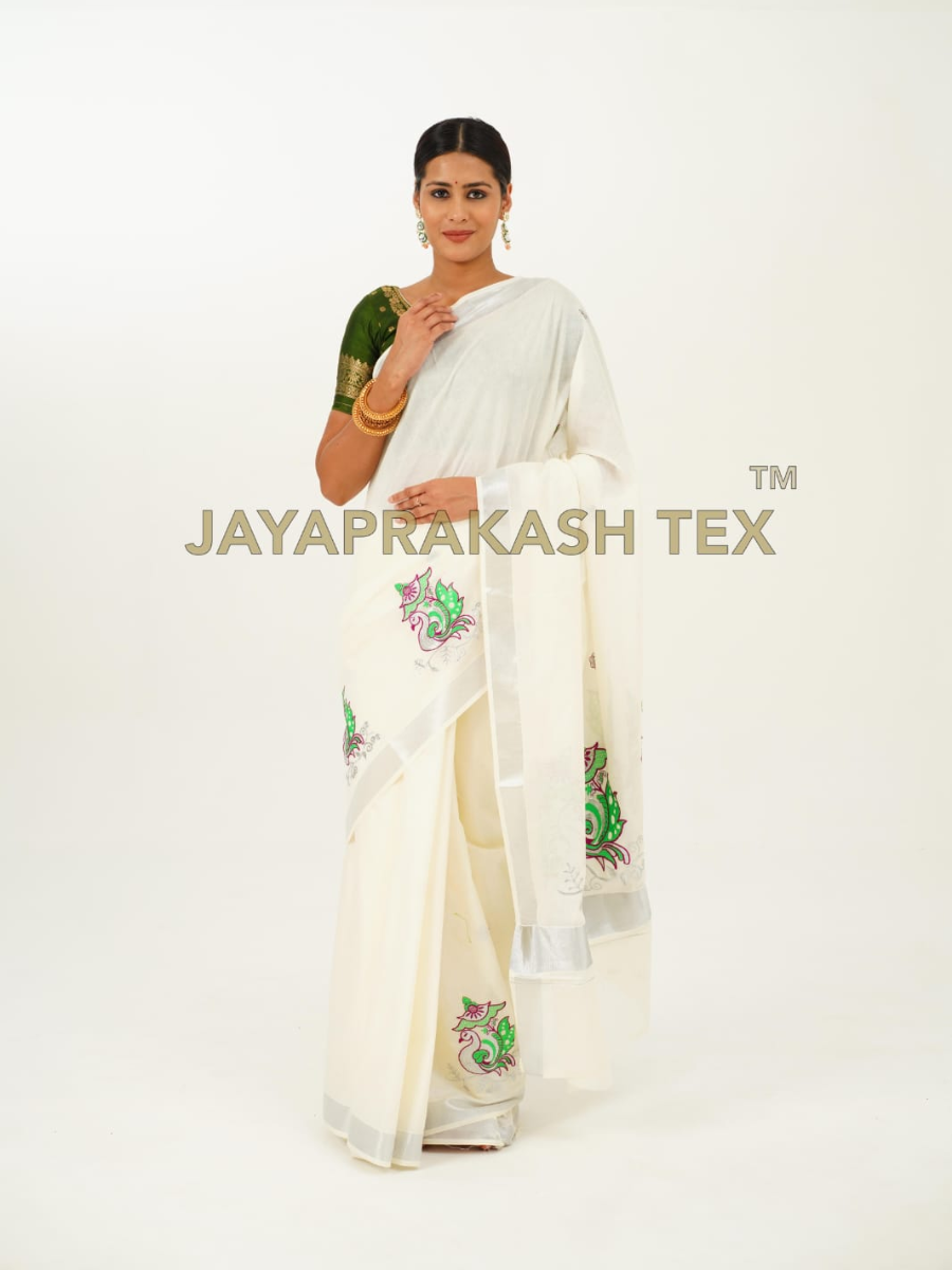 Ivory Peacock Embroidery Cotton Saree
