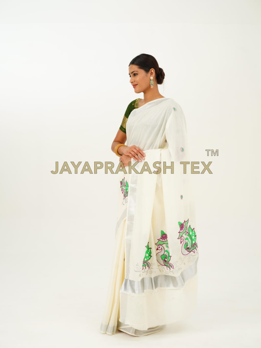 Ivory Peacock Embroidery Cotton Saree