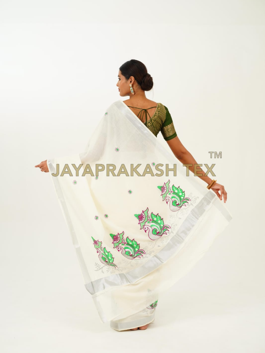 Ivory Peacock Embroidery Cotton Saree