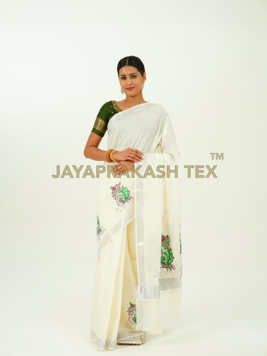 Ivory Peacock Embroidery Cotton Saree