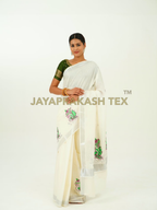 Ivory Peacock Embroidery Cotton Saree