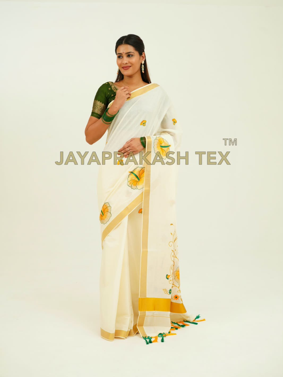 Ivory Golden Bloom Embroidery Cotton Saree