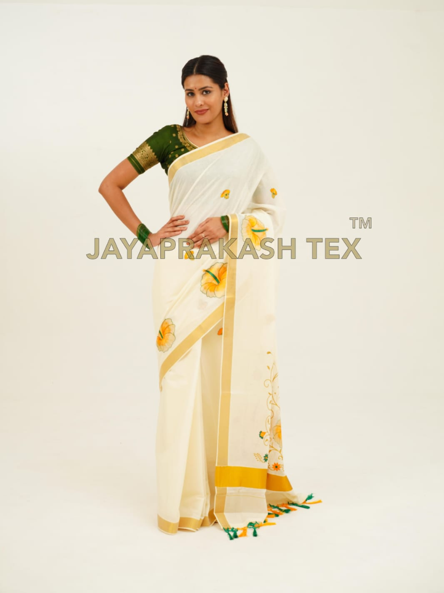 Ivory Golden Bloom Embroidery Cotton Saree