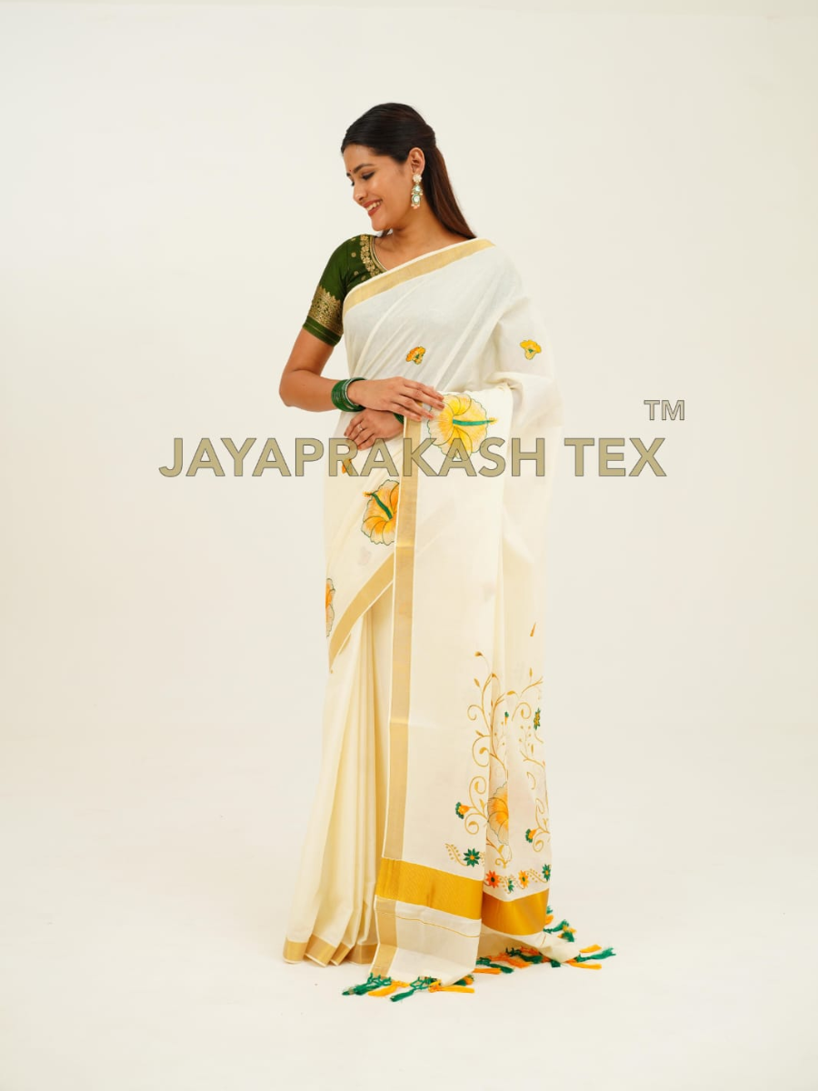 Ivory Golden Bloom Embroidery Cotton Saree